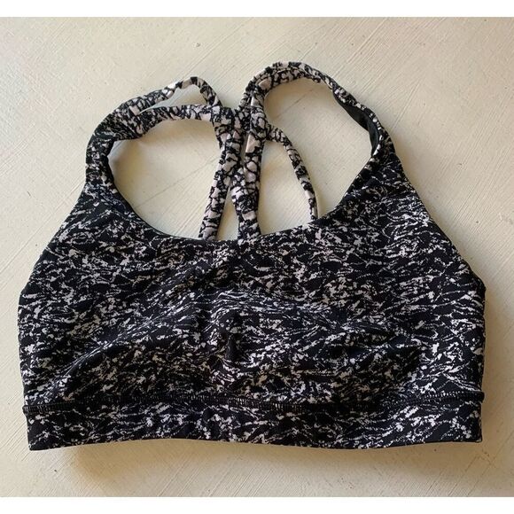 LULULEMON ENERGY black white print Strappy BACK SPORT BRA sz 4 S pickleball yoga - Picture 2 of 5